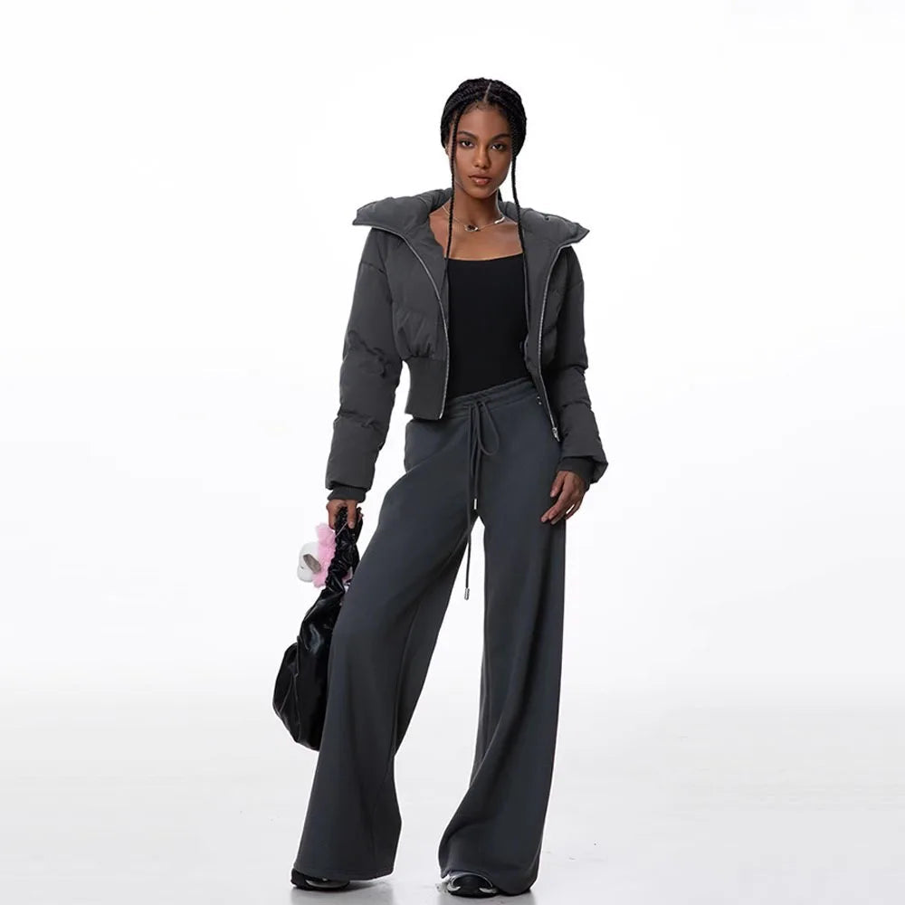 Women Hooded Puffer Jackets Streewear High Waist Warm Bubble Coats Slim Puffer Jacket Parkas Zipper Cropped Down Parkas New Lady ATFH