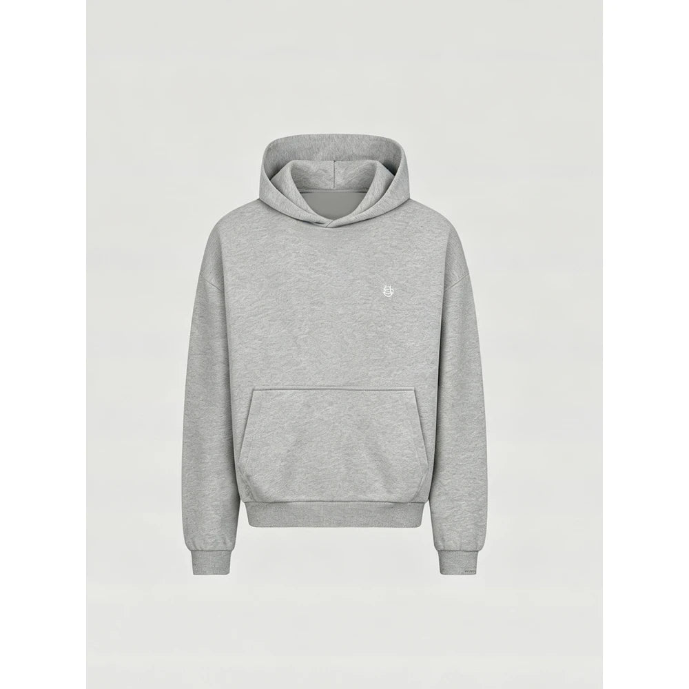Solid Color Unisex Hooded Sweatshirt, Minimal Style Mini Embroidery Logo Drop Shoulder Loose Fashion Pullover Tops