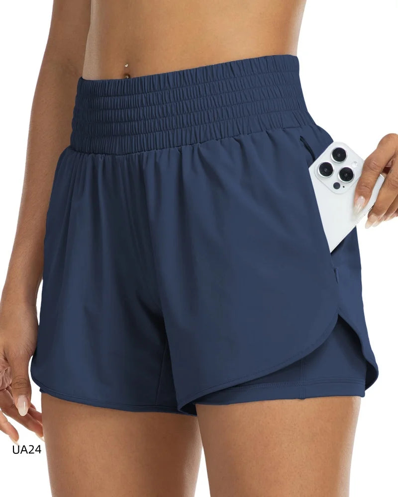 Women's High-Waisted 2-in-1 Quick-Dry Shorts with Zipper Pocket Elastic Waist for Workout Running Gym Yoga Fitness Sportswear Tahsi Fashion House