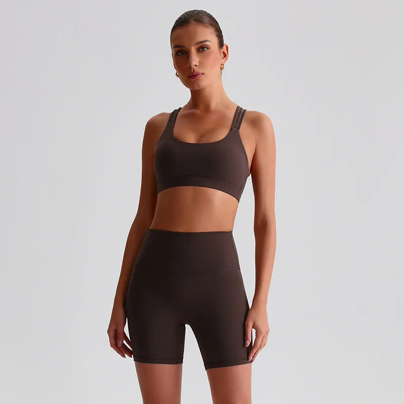 Women's Seamless Yoga Set Quick-Dry Sexy Backless Sportswear Bra High-waisted Shorts Outdoor Running Gym Fitness Workout Outfit - ATFH