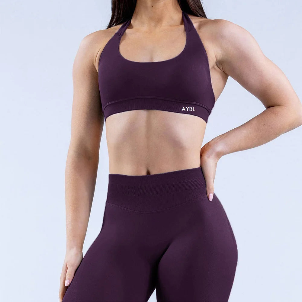 Impact Sports Bra Women Seamless Yoga Underwear Halter Neck Strap Open Back Design Gym Top Workout Fitness Running Bra - ATFH