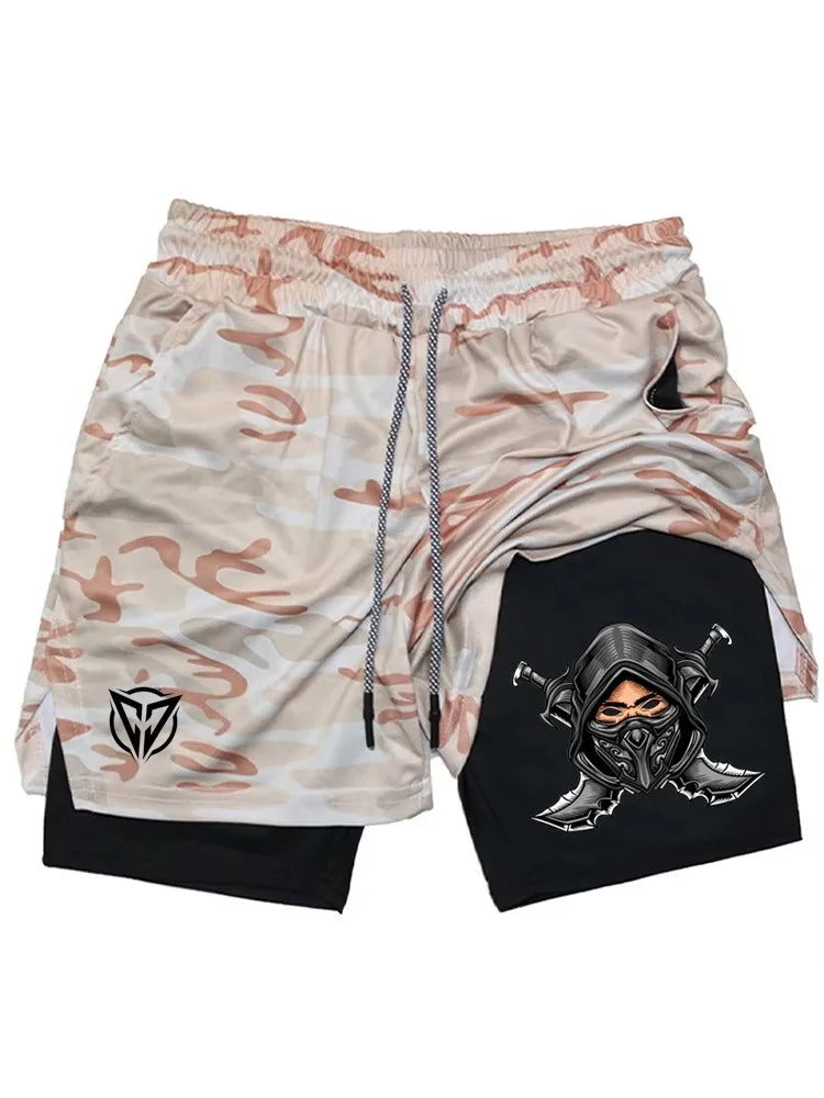 Men's Ninja Graphic 2-in-1 Shorts, Quick Dry Breathable Gym Athletic Workout Streetwear Casual Sports Shorts WX016