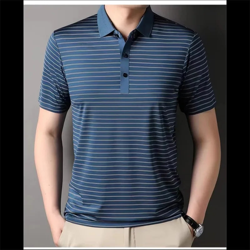 Men's Stripped Pattern Polo Shirt Summer Casual Short Sleeve Button Golf T Shirt Clothes Men's Oversized Polo Shirts Tops