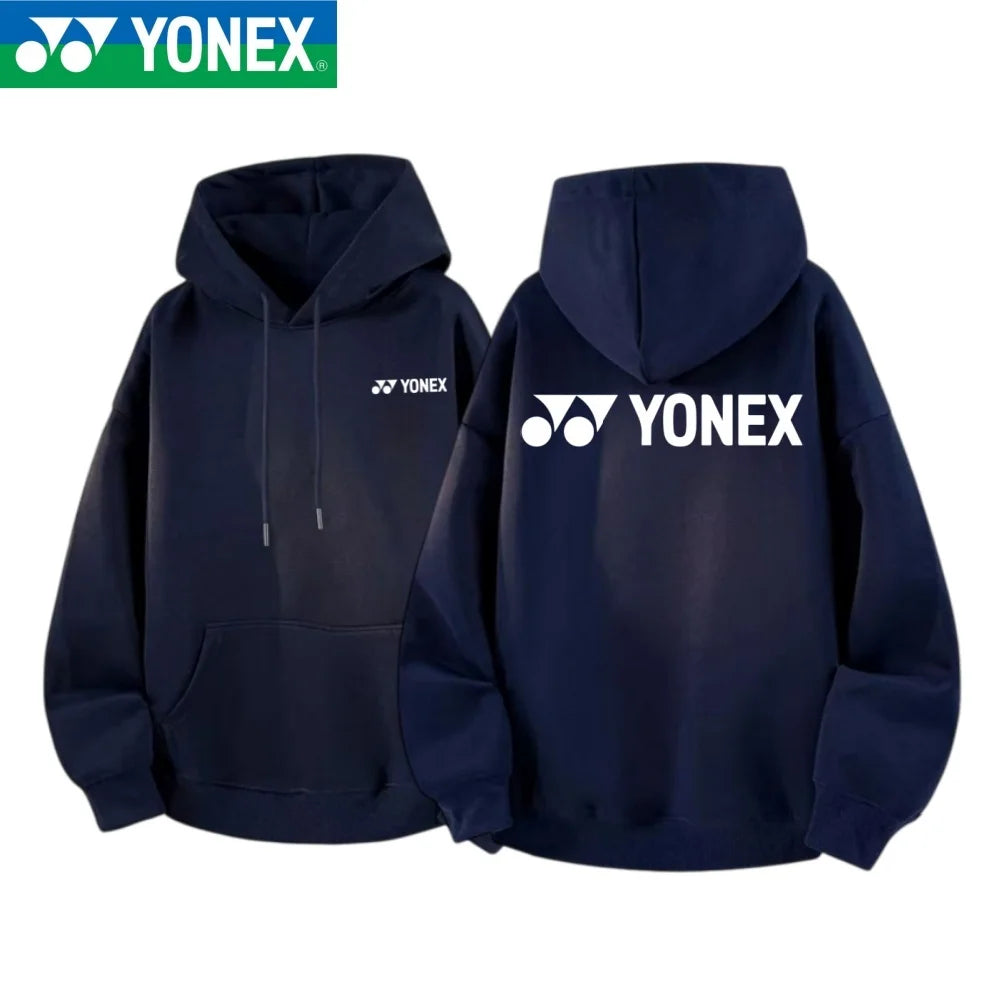 YONEX 2026 cotton hooded jacket with multi-color logos printed on the front and back, suitable for outdoor sports such as badmin