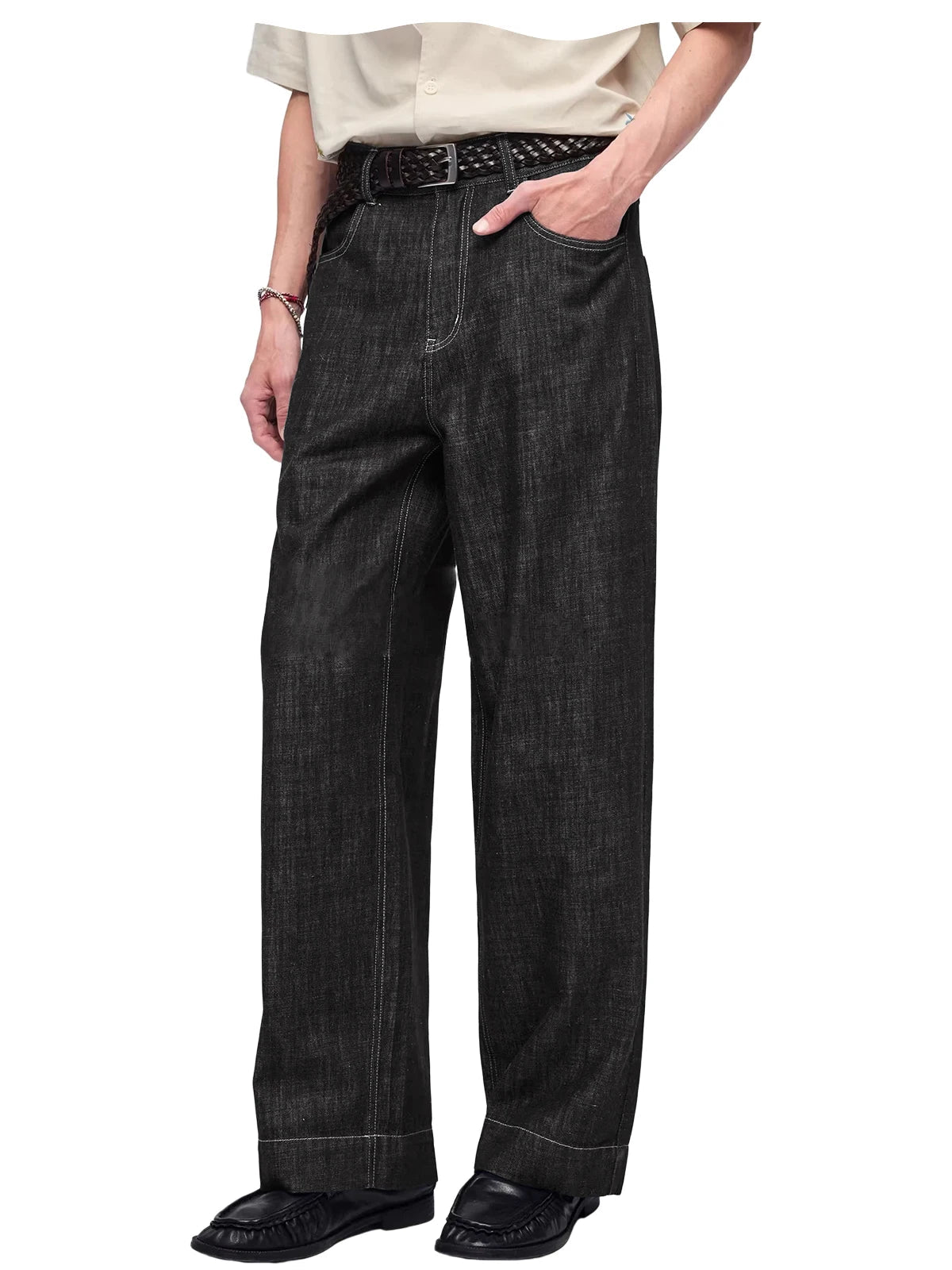 Retro Men's High Waist Wide Leg Jeans Loose Fit Denim Pants Breathable Casual Stretchy Heavyweight Cotton Y2K Baggy Trousers ATFH