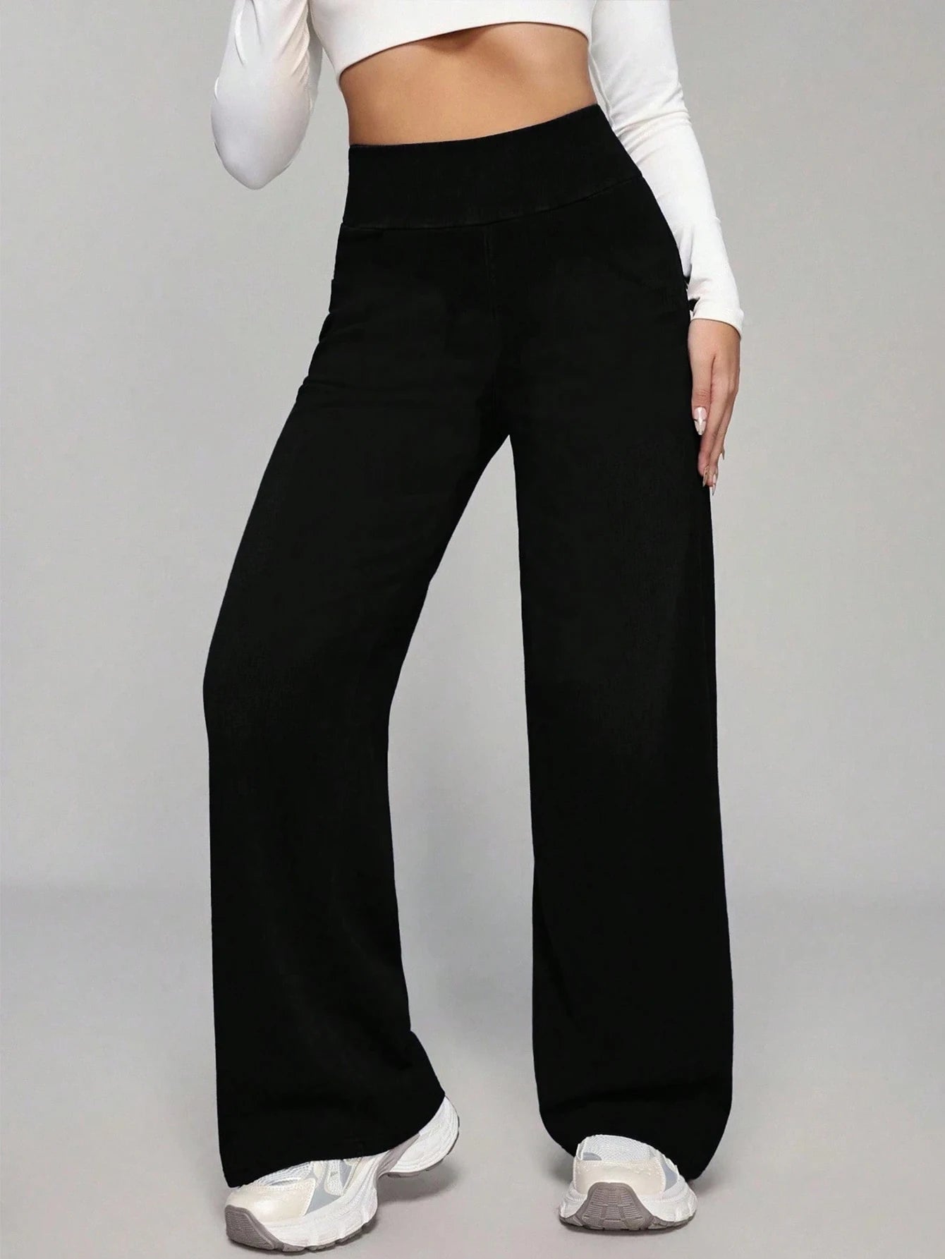 Women's Black High Waist Wide Leg Pants Tummy Control Compression Fit High Stretch Yoga Casual Daily Workout Trousers