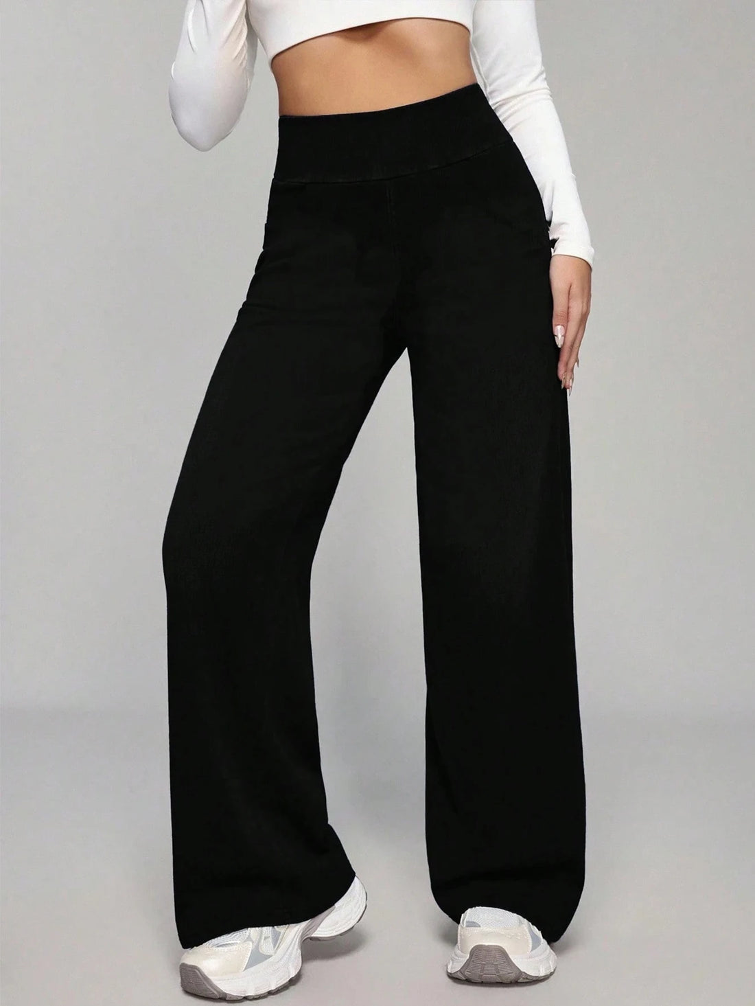 Women's Black High Waist Wide Leg Pants Tummy Control Compression Fit High Stretch Yoga Casual Daily Workout Trousers