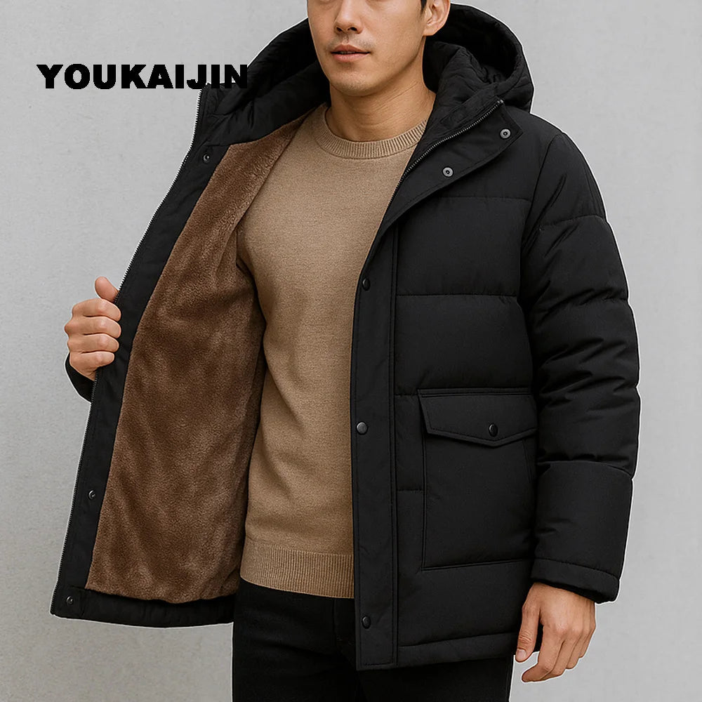 Men's Autumn Winter Jacket Mountain Windproof Hiking Hooded Warm Snow Coat Multi Pockets Casual Fleece Parkas Plus Size 5XL 6XL