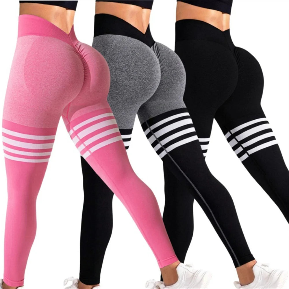 Women Seamless Stripe Yoga Pants High Waist Sexy Tummy Control Scrunch Butt Lifting GYM Workout Leggings Sports Fitness Clothing - ATFH