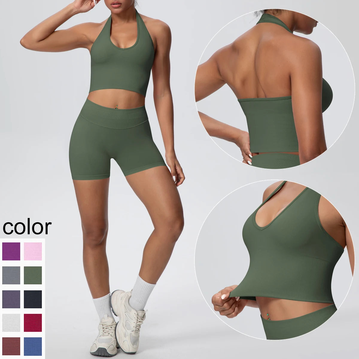 2pcs Summer Breathable Yoga Set Backless Sportswear Solid Color Sexy Neck Strap Bra Quick-Dry High Waist Shorts Yoga Set - ATFH