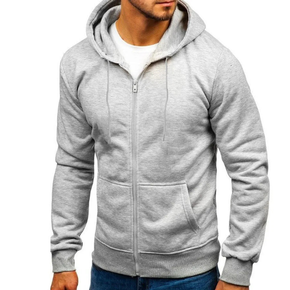 Men's Hoodie Solid Color Basic Hooded Jacket Cardigan Sweatshirt Spring Autumn Casual Men Streetwear Tracksuit Male - ATFH
