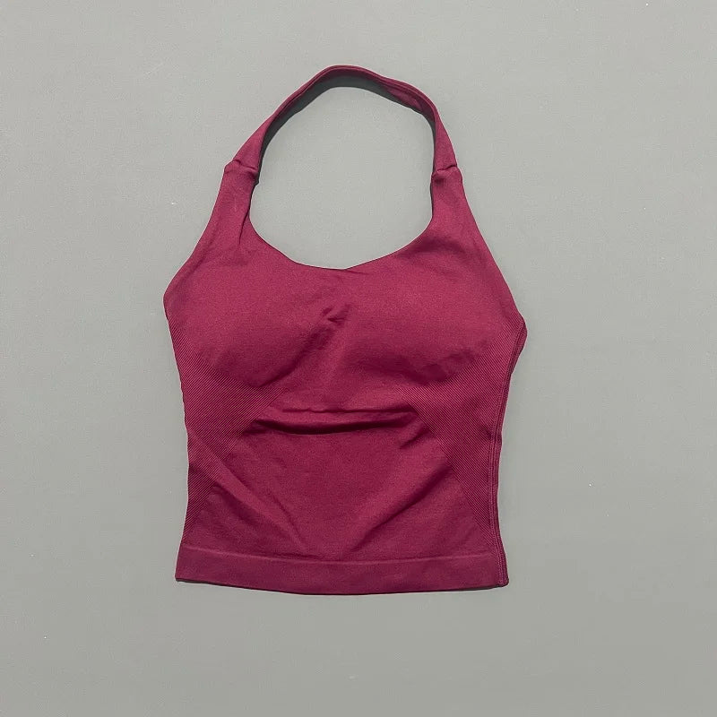 Sports Gym Halter Top Woman Seamless Yoga Tank Removable Chest Pad Push-up Sports Vest Fitness Workout Running Tops - ATFH
