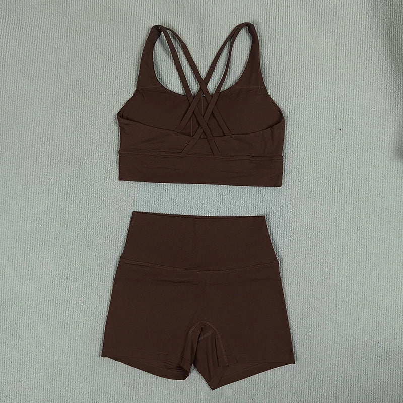 2 Pieces Yoga Clothes Gym Sets Sports Shorts Women Cross Back Bra Top High Waist Shorts Fitness Suits Running Workout Tracksuit - ATFH