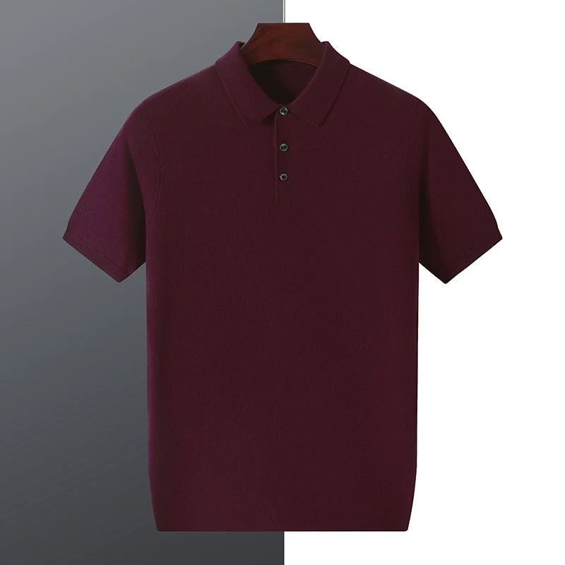Men's fine spun wool mulberry silk Polo collar short sleeved men's wool knitted short sleeved T-shirt for spring and summer