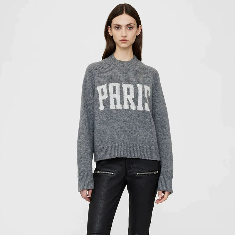 2026 Spring/Winter New Classic Paris Letter Jacquard 100% Cashmere Slim Fit Knit Sweater for Women - ATFH