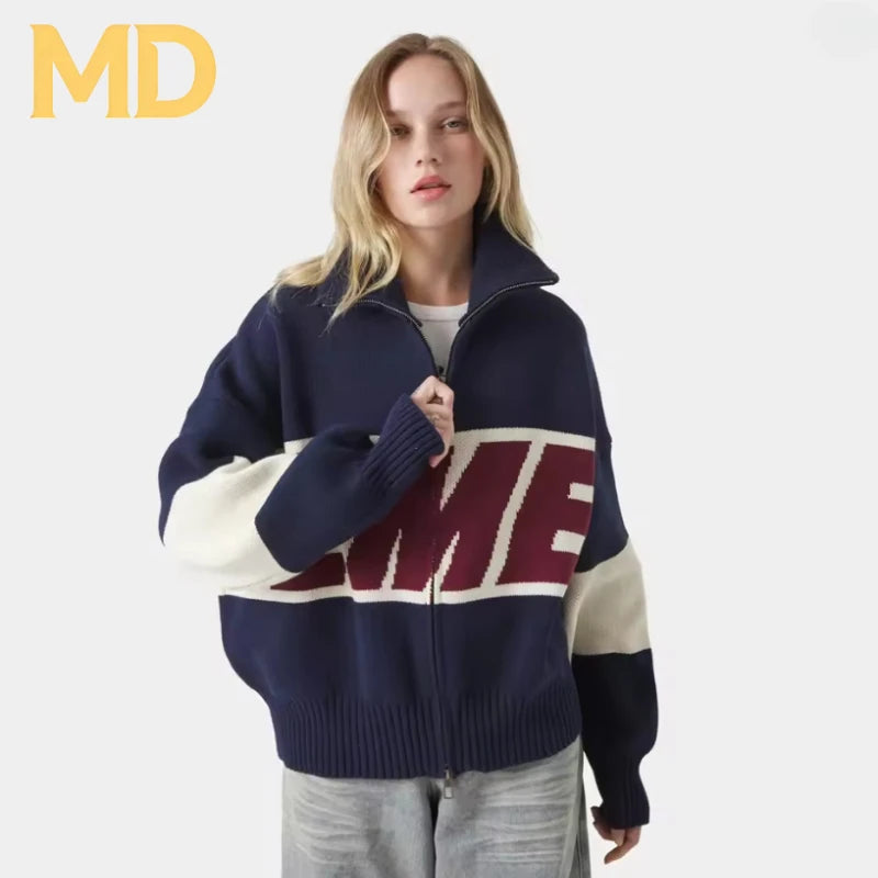 2026 Retro Spliced Zipper Knitted Sweater Women Fashion Stand Collar Long Sleeve Loose Short Cardigan Lady Y2k Letter Knitwear - ATFH