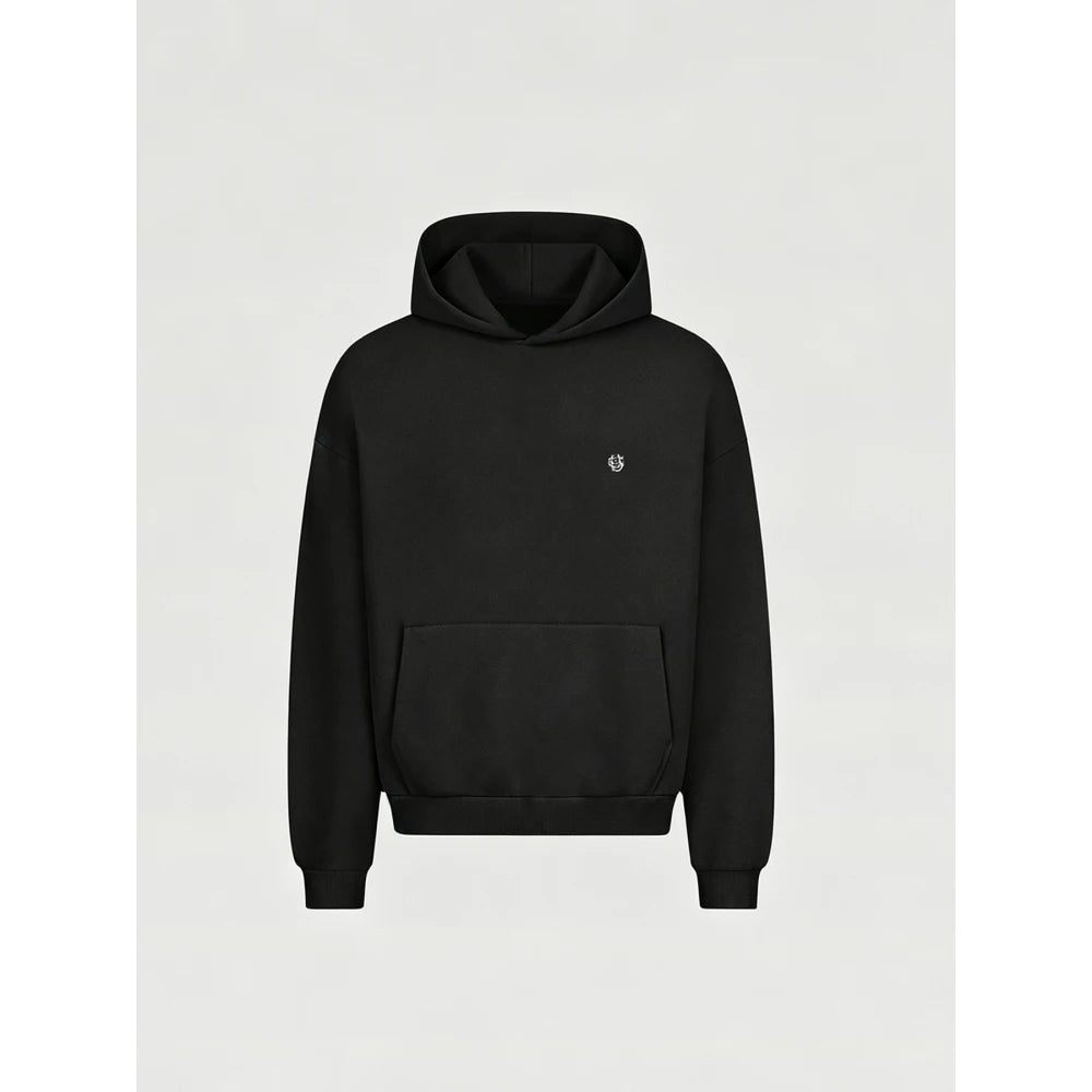Solid Color Unisex Hooded Sweatshirt, Minimal Style Mini Embroidery Logo Drop Shoulder Loose Fashion Pullover Tops