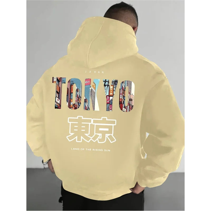 Men's casual printed hoodie regular fit, Japanese Tokyo minimalistic print fashion long-sleeve fleece pullover