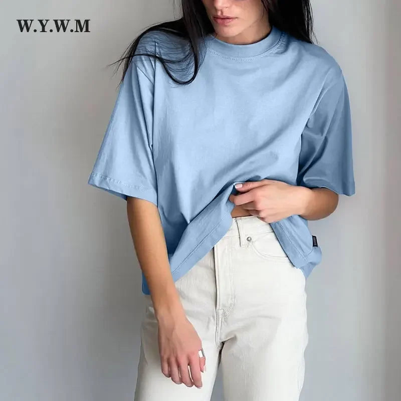 WYWM 100% Cotton Tshirts Women 2024 Summer Harajuku Solid Basic T Shirts Loose Casual O Neck Tees Green Soft Female Tops - ATFH