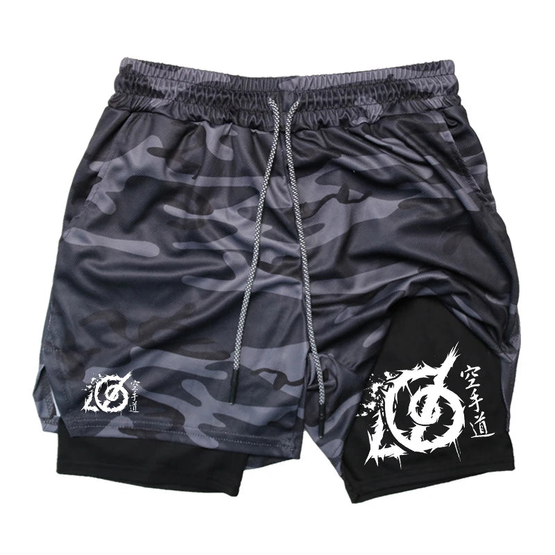 Karate Graphic 2 in 1 Workout Running Shorts for Men Gym Athletic Sport with Compression Liner Phone Pocket Towel Loop