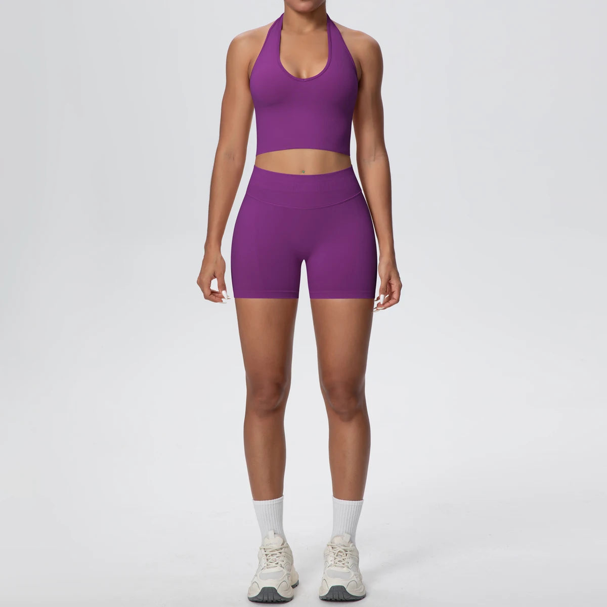 2pcs Summer Breathable Yoga Set Backless Sportswear Solid Color Sexy Neck Strap Bra Quick-Dry High Waist Shorts Yoga Set - ATFH