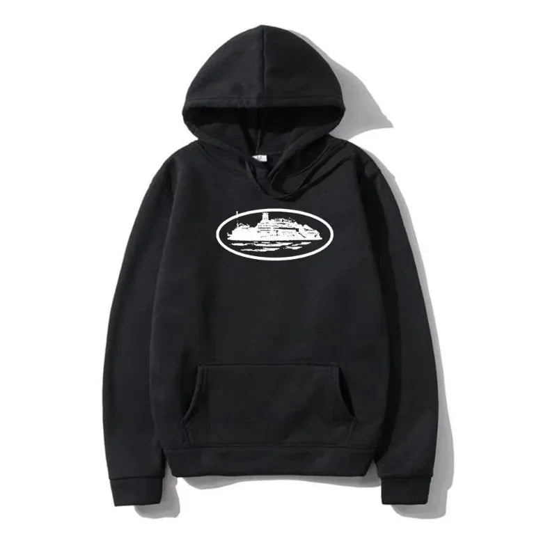 Yacht Graphic Black Hoodie Men Women  Nautical Style Casual Hooded Sweatshirt  Sailing Enthusiast Fashion Streetwear Top