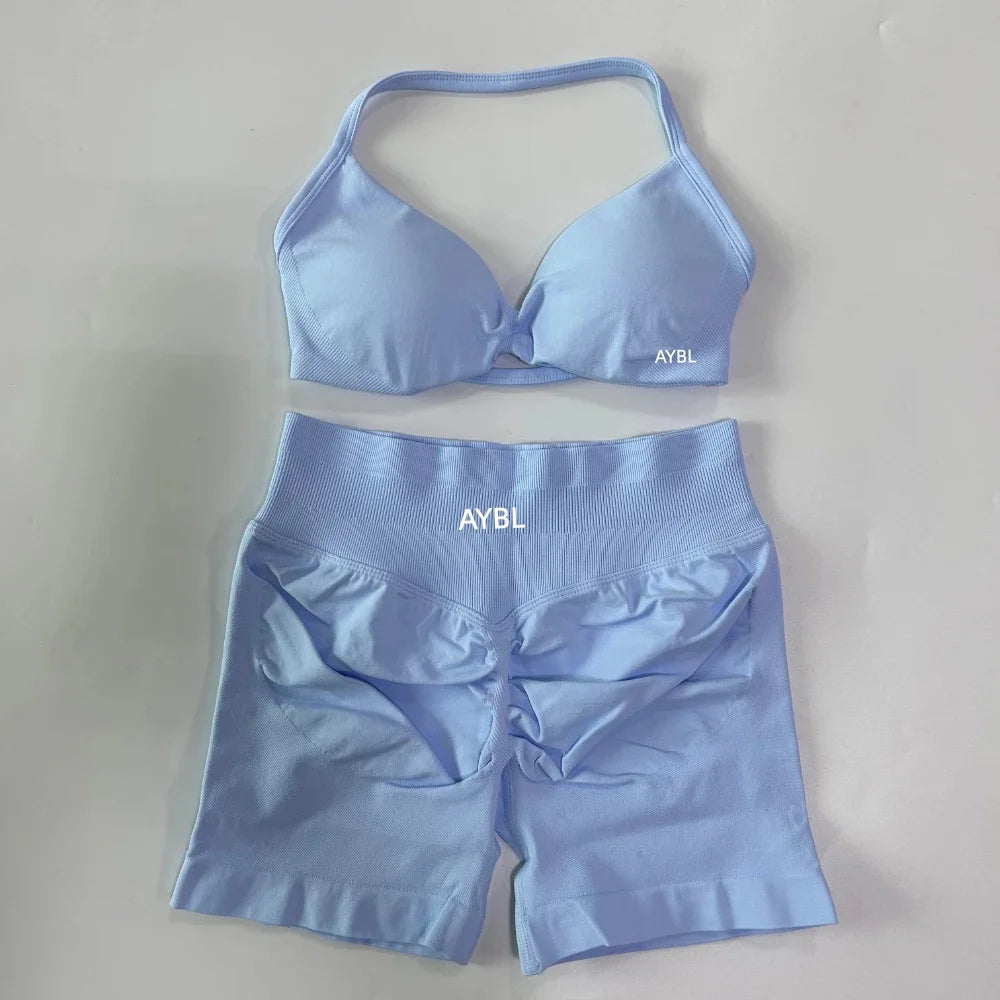 Trendy 2PCS Gym Set Women Strappy Yoga Bra Top High Waist Workout Scrunch Shorts Sports Suit Seamless Yoga Set Fitness Clothes Tahsi Fashion House