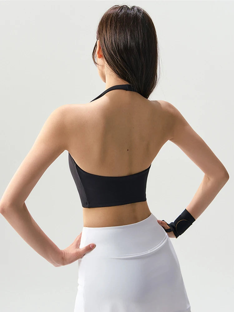 Women's Halter Neck Sports Yoga Vest Quick Dry Breathable Shockproof Slimming Fitness Outdoor Running Workout Cycling Yoga Top - ATFH