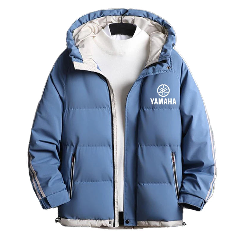 Yamaha's new men's hooded thick winter warm-up cotton coat for outdoor fashion, casual and sporty wear with zipper. Men's coat.