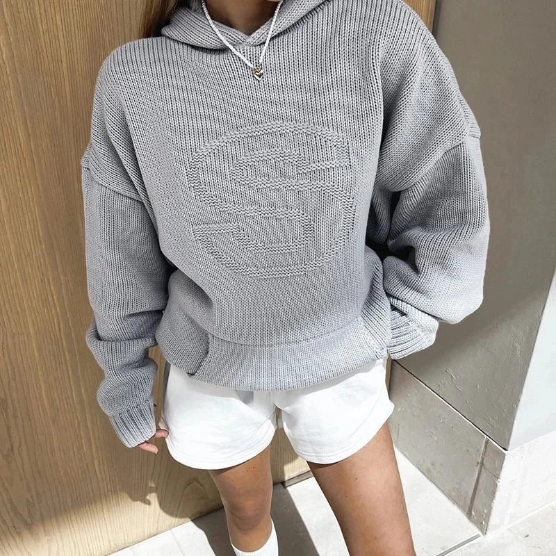 Y2K Retro S Letter Knit Hoodie Loose Casual Pullover For Women & Teens, Streetwear Campus Cozy Fall Outfit Halloween Gift - ATFH