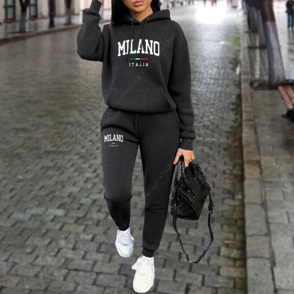 Women's Tracksuit Hoodies Pants Fall Winter Matching Set Athleisure MLANO Letter Print Fleece 2 Piece Sweatpants Set for Woman