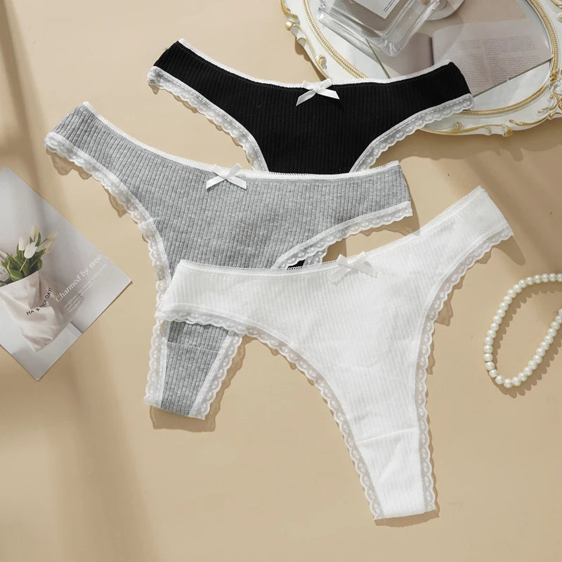 3PCS Sexy Low Waist Panties Women Lace Trim Solid Color Briefs M-XL Breathable Comfortable Lingerie Female Rib Cotton Underwear
