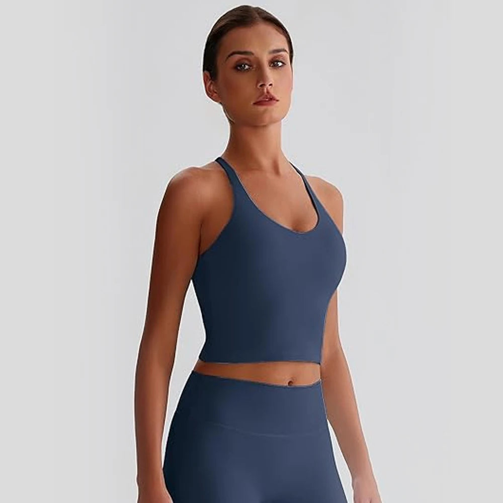 Womens Longline Sports Bras V Neck Criss Cross Back Gym Yoga Padded Workout Crop Tank Top with Built in Bra - ATFH