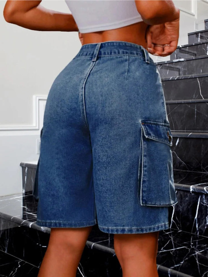 Vintage Blue Denim Shorts Women Summer Casual Loose Jean Multi Pockets Vacation Beach Streetwear Trendy Solid Color Shorts ATFH