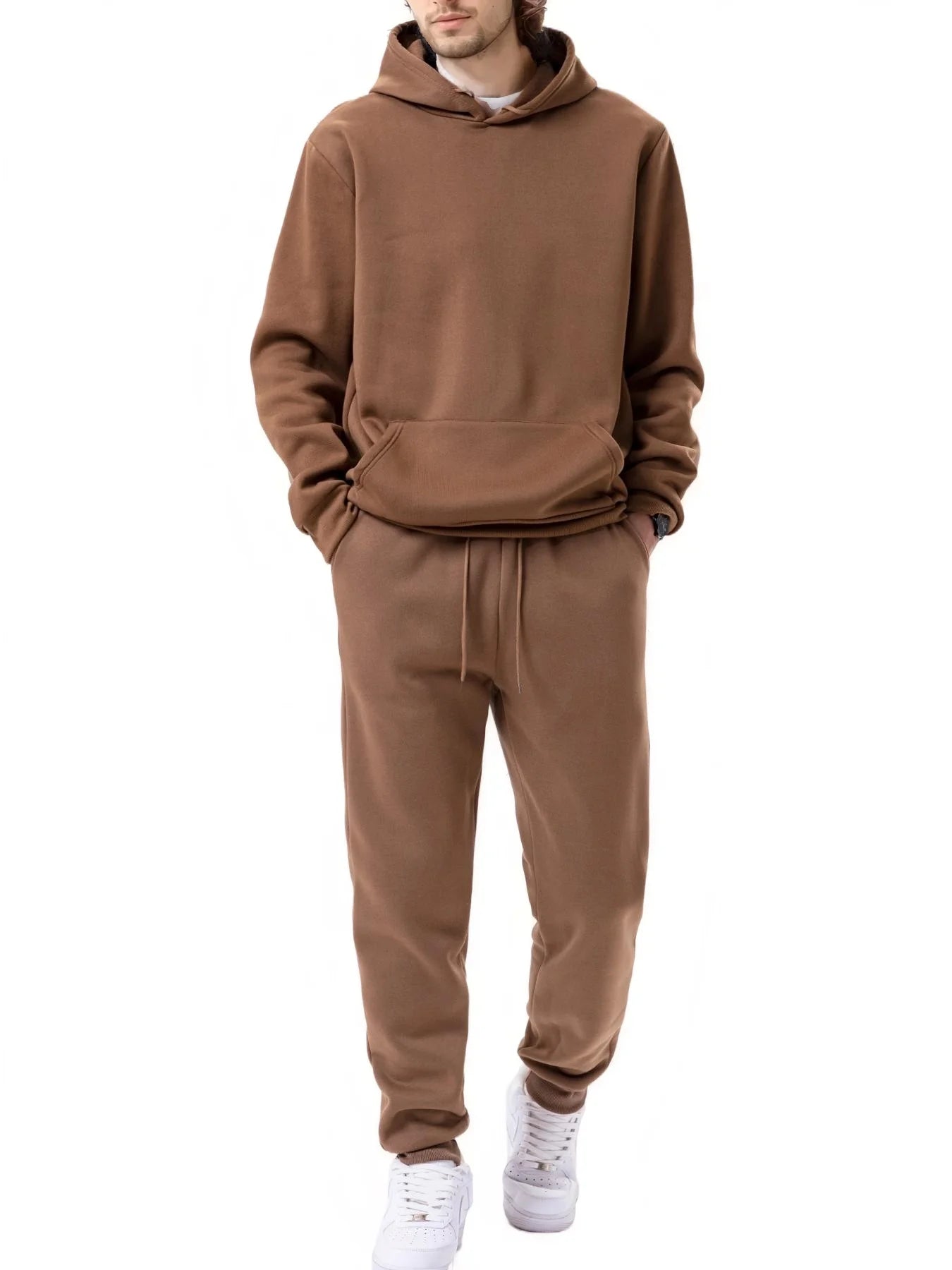 Men's Sports Suit Autumn and Winter Hoodie+pants 2-piece Set Fashionable Solid Color Casual Pullover and Pant Outdoor Sportswear - ATFH