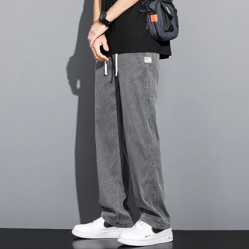 Summer Soft Lyocell Fabric Men's Jeans Thin Loose Straight Pants Drawstring Elastic Waist Korea Casual Trousers Plus Size M-5XL ATFH