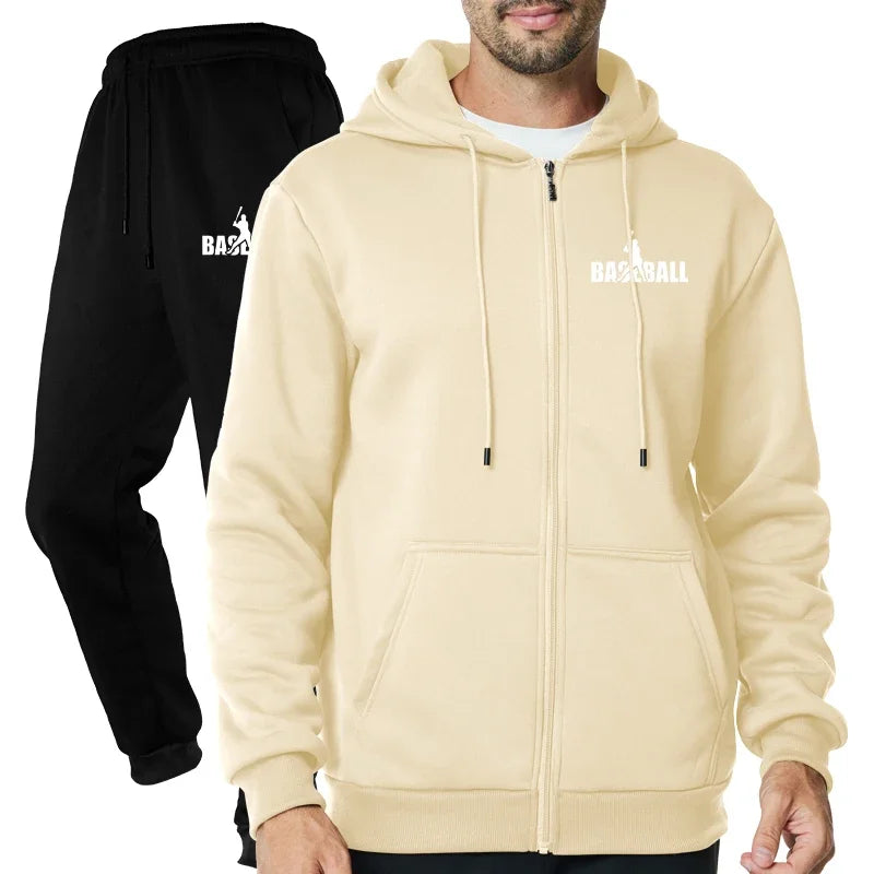 2025 Autumn and Winter New European and American Casual Zipper Sports Hat Set Fleece Solid Color Pants with Sweater for Men - ATFH