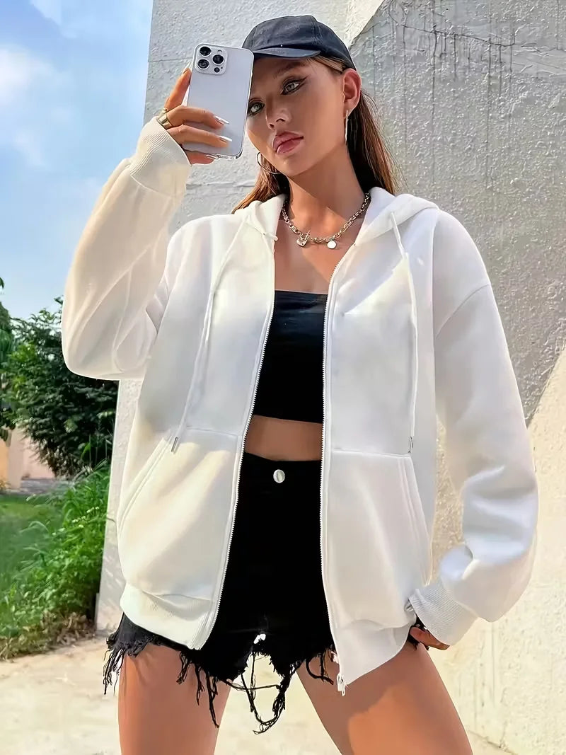 Black White Women's Zipper Hoodies Jacket Cotton Fleece Hoody Sweatshirt Pullover Autumn Winter Oversized Loose Tops Coat Unisex - ATFH