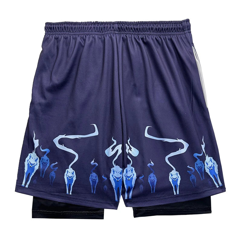 3D Print 2 in 1 Running Workout Shorts for Men Gym Compression Shorts with Side Pockets Summer Athletic Quick Dry Activewear