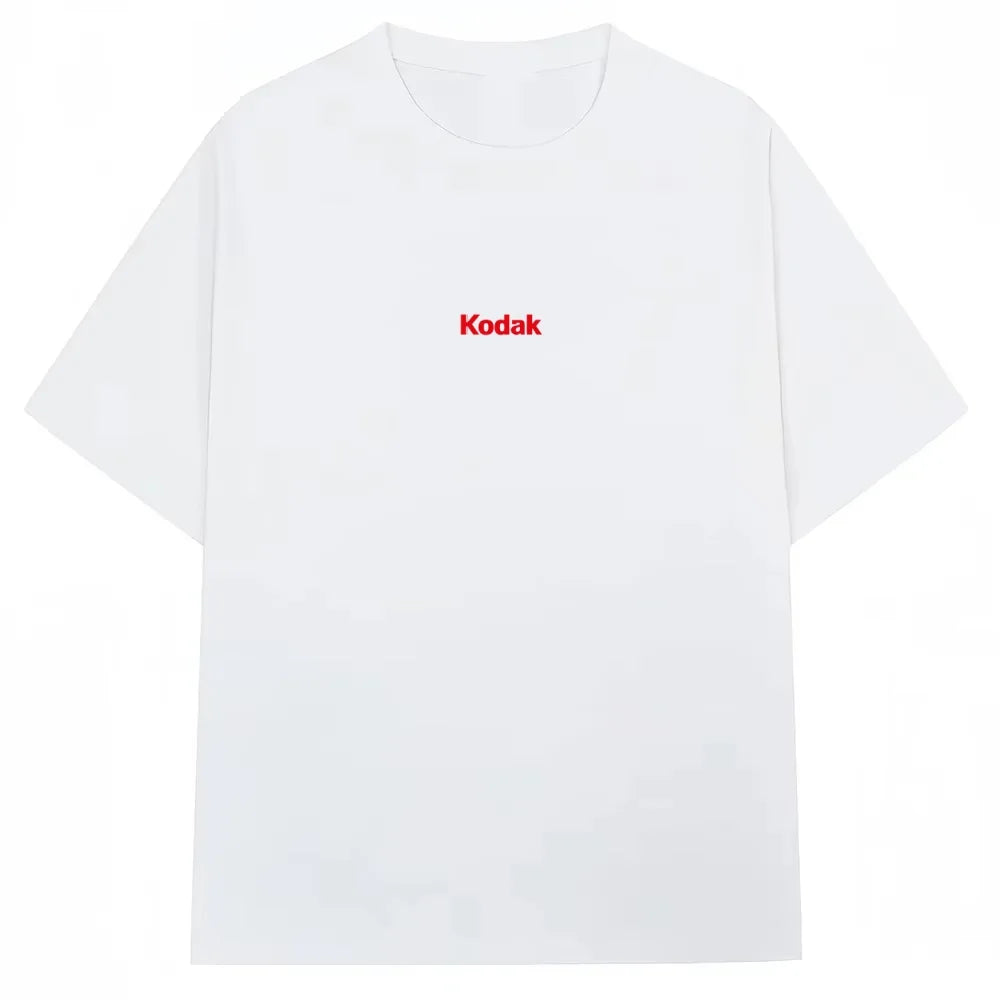 Black Kodak Basic Red Center Logo Graphic Tee, Simple White-on-Black Brand Print, Cotton Crewneck for Daily Casual Wear ATFH