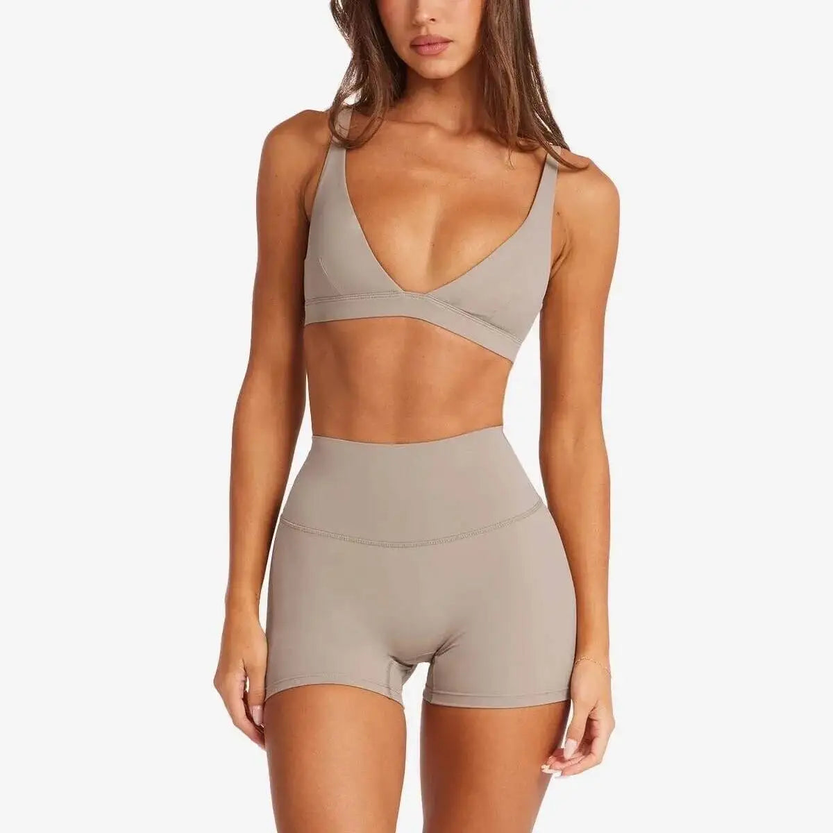 PMWRUN Womens Deep V Yoga Set Sports Bra With High Waisted Leggings/Shorts Soft Stretchy For Gym Yoga Pilates Dance Workout Wear - ATFH