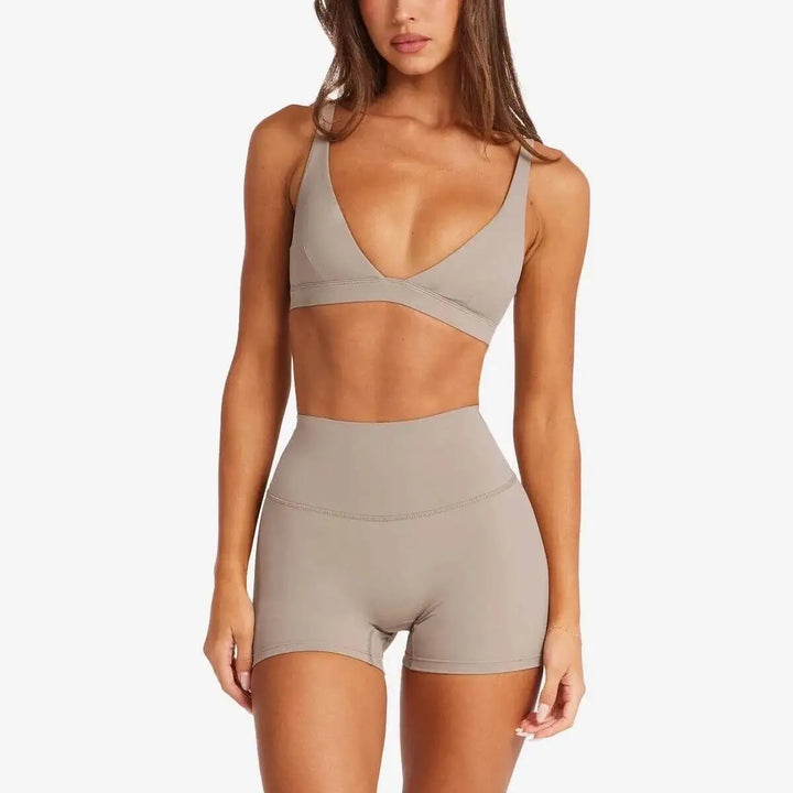 PMWRUN Womens Deep V Yoga Set Sports Bra With High Waisted Leggings/Shorts Soft Stretchy For Gym Yoga Pilates Dance Workout Wear - ATFH