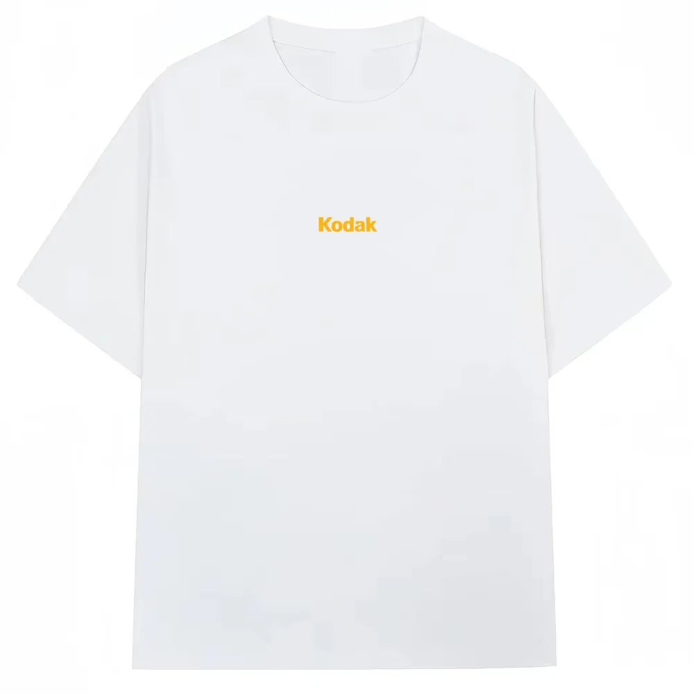 Black Kodak Basic Red Center Logo Graphic Tee, Simple White-on-Black Brand Print, Cotton Crewneck for Daily Casual Wear ATFH