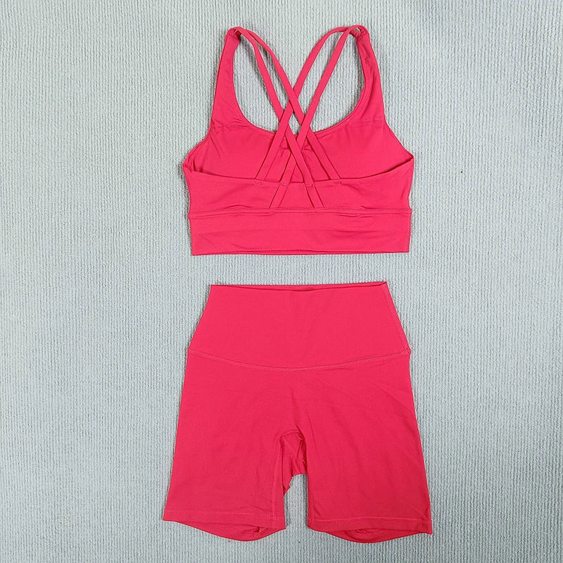 2 Pieces Yoga Set Gym Sports Shorts Set Women Cross Back Bra Top High Waist Shorts Fitness Suit Running Workout Tracksuit - ATFH