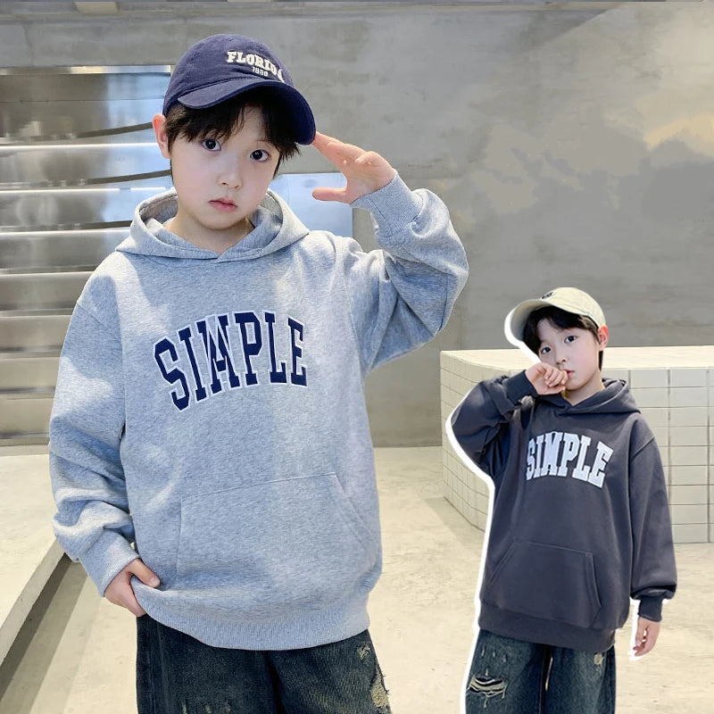 Children Retro Design Hoodie Letter Print Boy Casual Hooded Coat Streetwear Kids Teenager Autumn Harajuku Sweatshirt 7 To 16 Y - ATFH