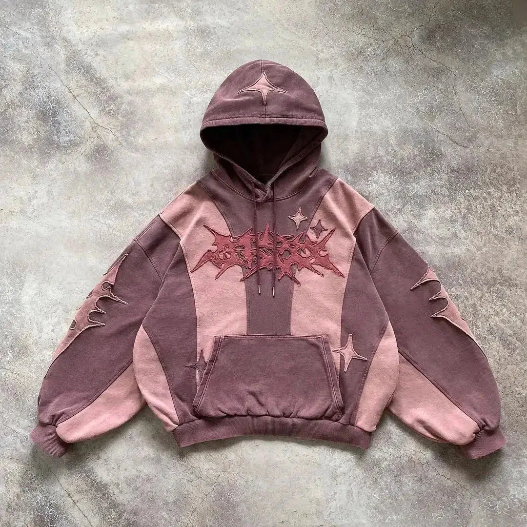 Fashion Color Matching Creative Pattern Patchwork American Harajuku Pullover 2000s Street Rock Vitality Long Sleeve Loose Hoodie