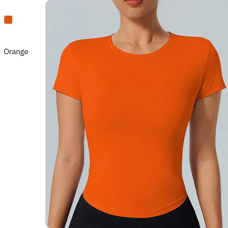 Women's Outdoor Fitness Yoga Top Round-Neck Short Sleeve Quick-Dry Compression T-Shirt for Running and Yoga - ATFH