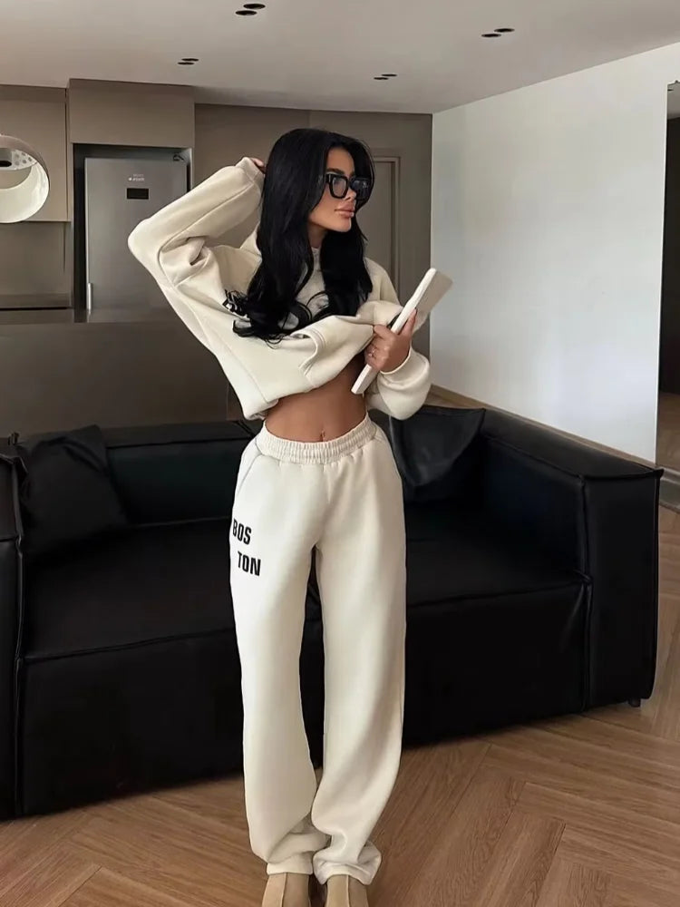 Casual Letter Hooded Sweatshirt Set Women Full Sleeve Hoodie Elastic Waist Straight-leg Pants Suit New Lady Spring Street Outfit