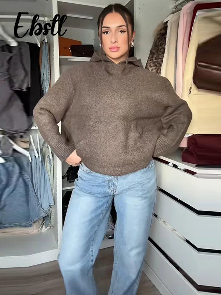 Knit Hooded Pullovers Women's Loose Solid Full Sleeve Pockets Sweaters 2025 Autumn Winter New Lady All-match Tops Streetwear - ATFH
