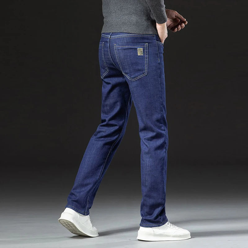 Men Winter Thermal  Loose Straight Jeans Male Fashion Snow Warm Plush Fleece Denim Pants Classic Simplicity Blue Black Trousers ATFH